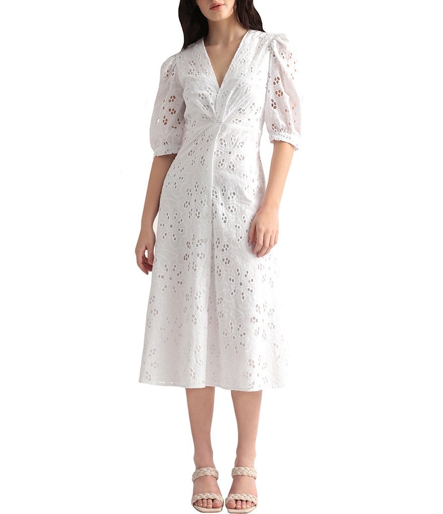 Maggy London Eyelet Short Puff Sleeve Midi Dress
