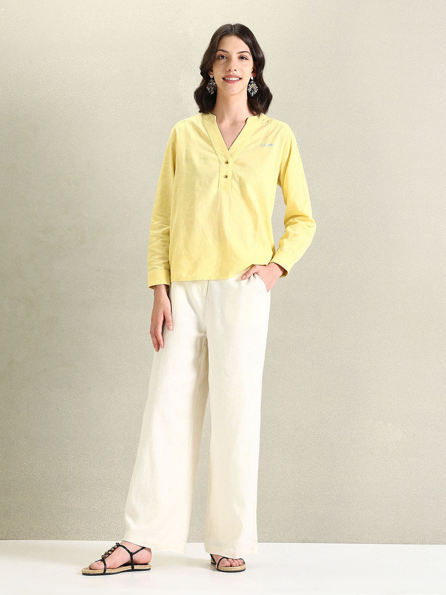 U.S. Polo Assn. Light Yellow Linen Graphic Print Top