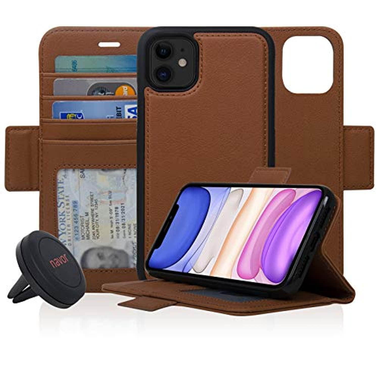 navor universal car mount & detachable magnetic wallet case with rfid protection compatible for iphone 11 [6.1 inch] [vajio series] - brown [ip11vjktbr]