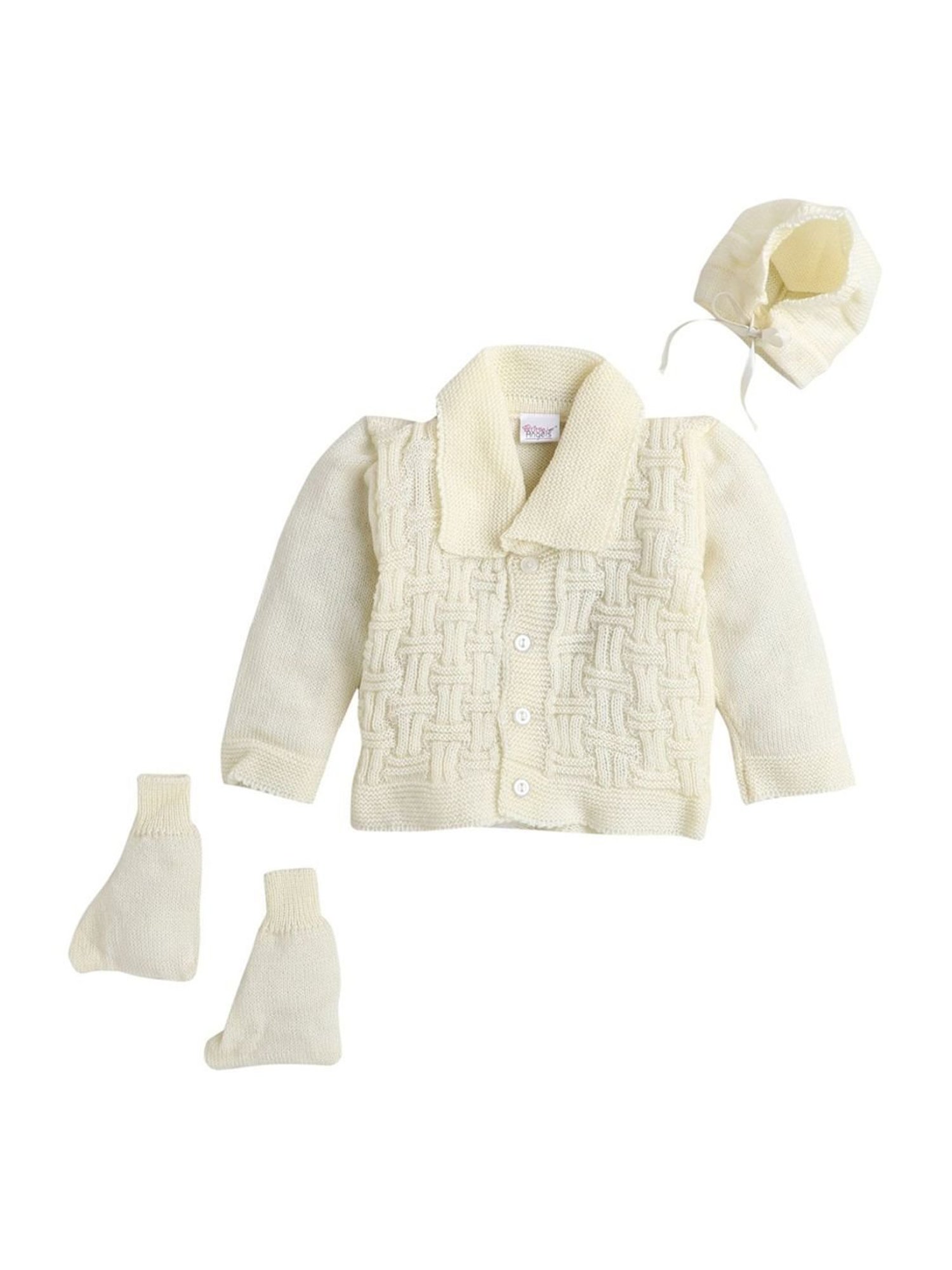 Little Angels Kids Cream Textured Pattern Full Sleeves Sweater Set