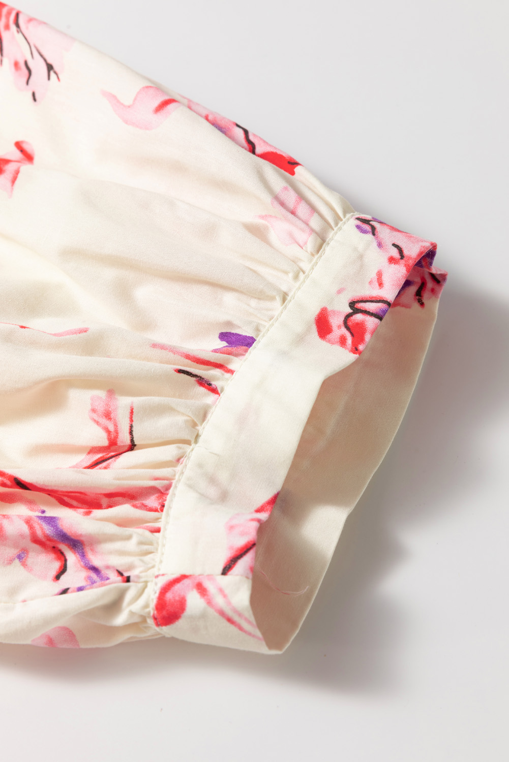 White Floral Print Balloon Sleeve Tie Neck Plus Size Mini Dress