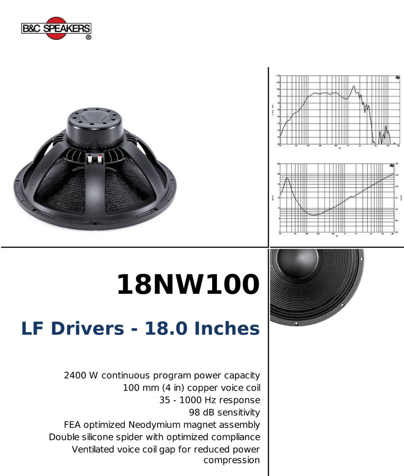 2x B&C 18NW100-8 18" Neodymium Subwoofer Speaker 2400W 8-Ohm Bass Sub 35-1000 Hz