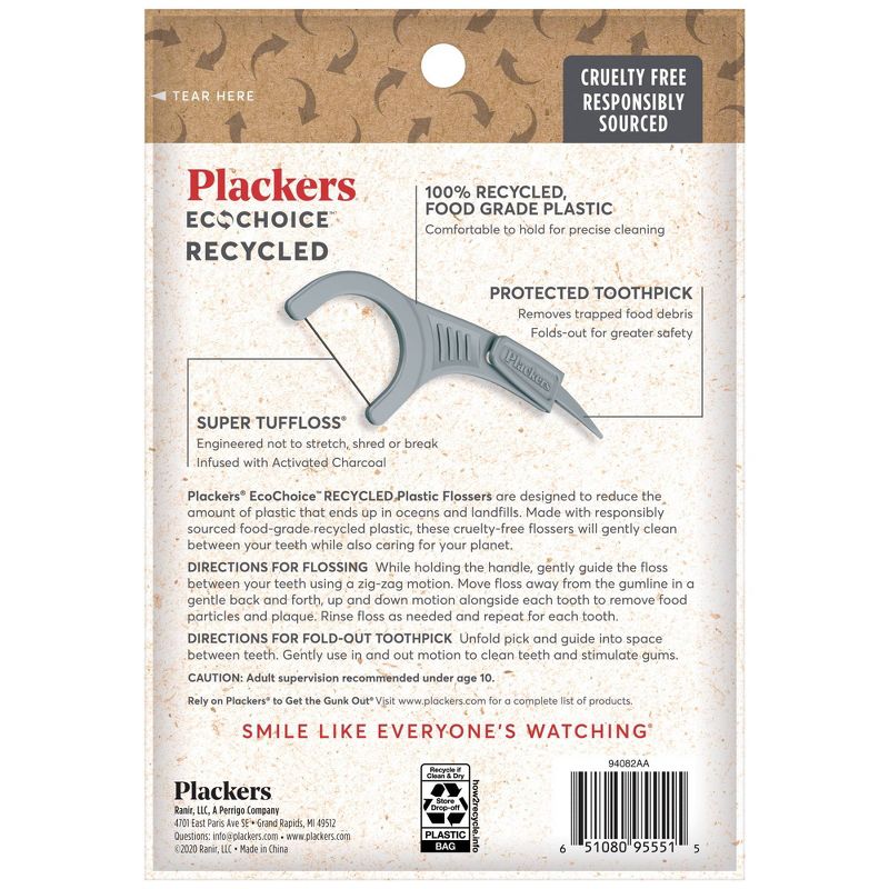 Plackers EcoChoice 100% Recycled Plastic Activated Charcoal Dental Floss Picks - 90ct