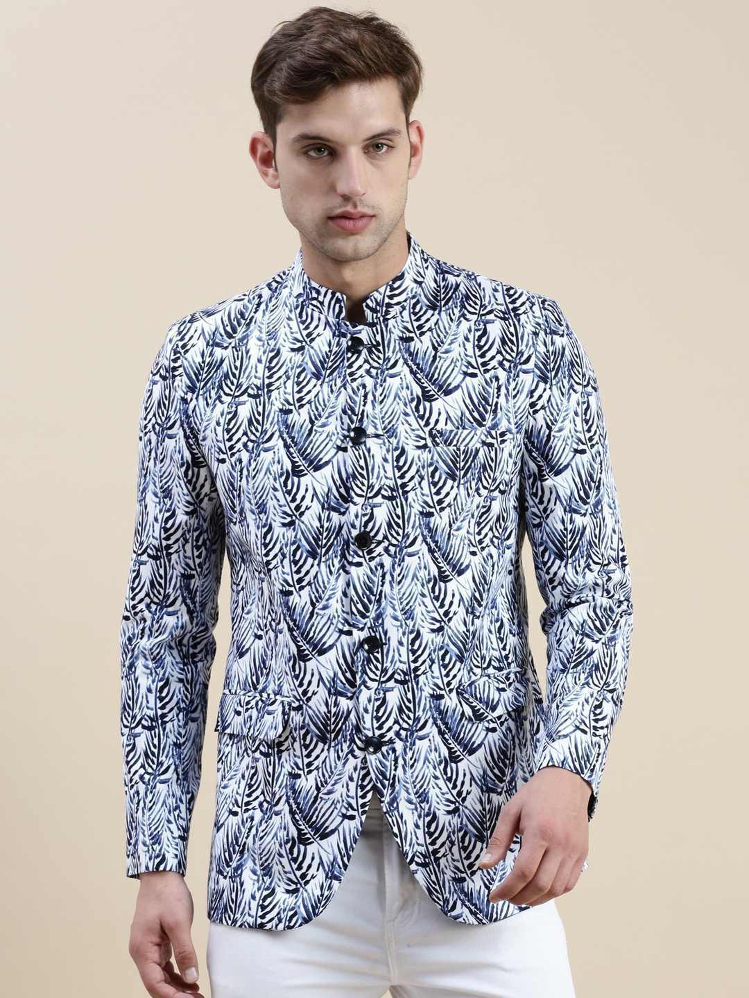 SHOWOFF White Cotton Slim Fit Printed Blazer