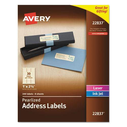 Avery Address Labels, Permanent Adhesive,  Pearlized, Ivory, 1" x 2-5/8", 240 Labels (22837)