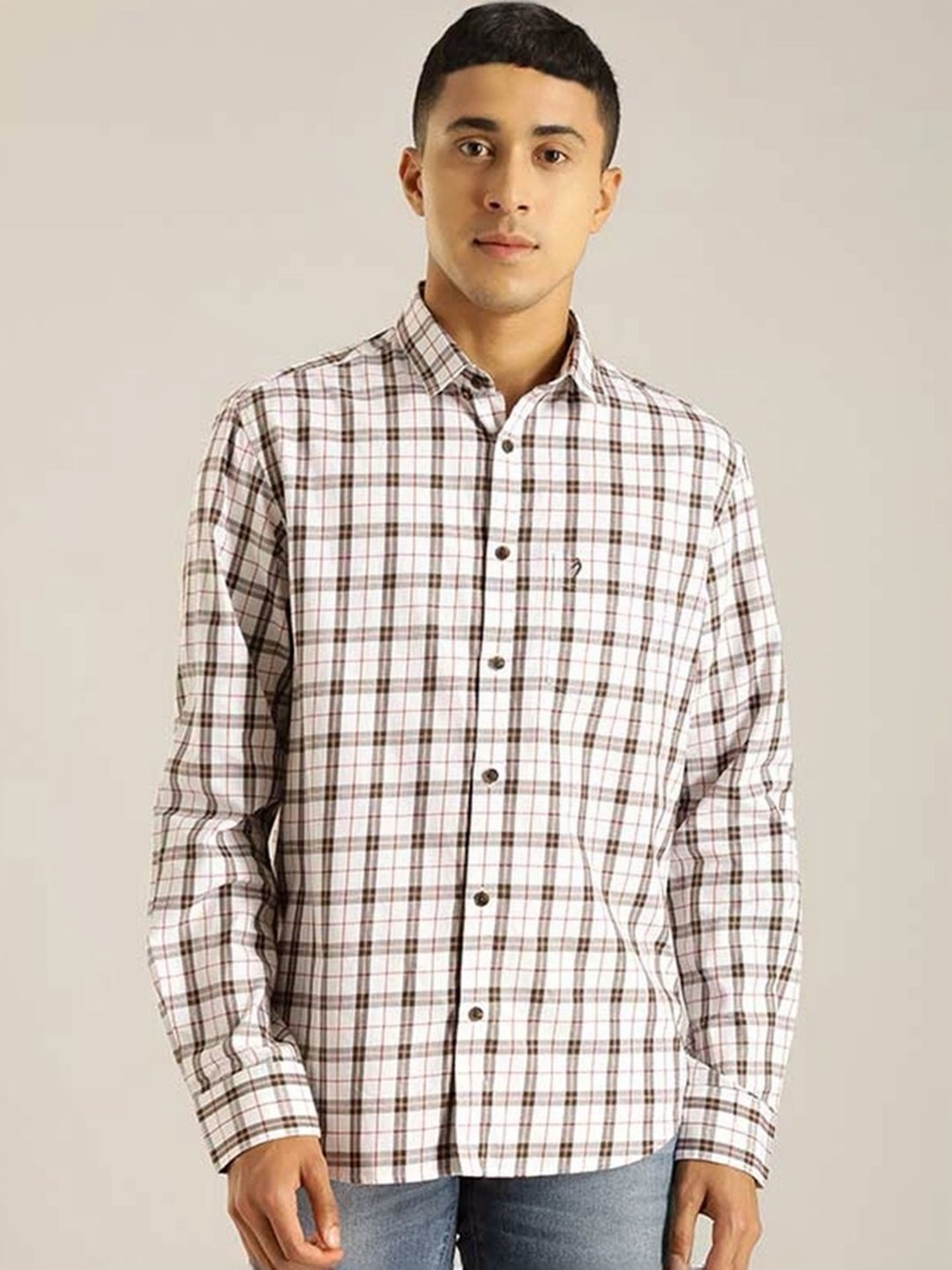 Indian Terrain Ecru Slim Fit Checks Shirt