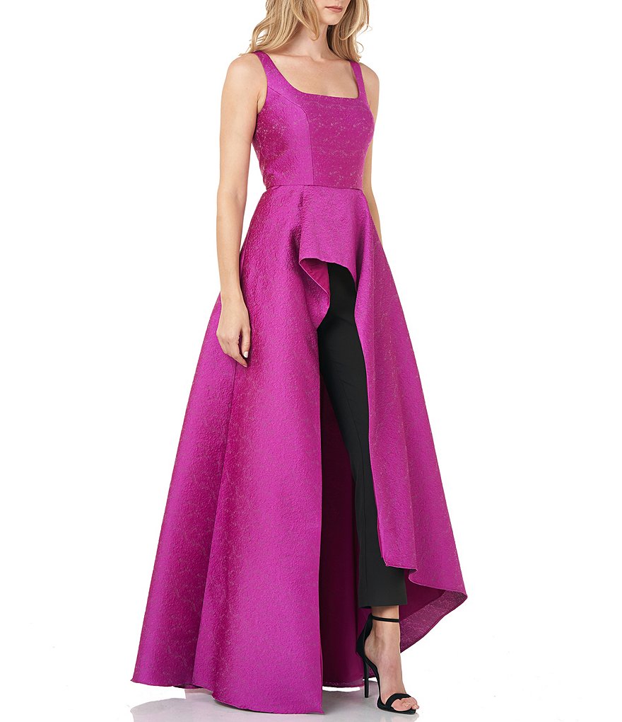 Jkara Chiffon Popover Beaded V-Neck 3/4 Capelet Sleeve Gown