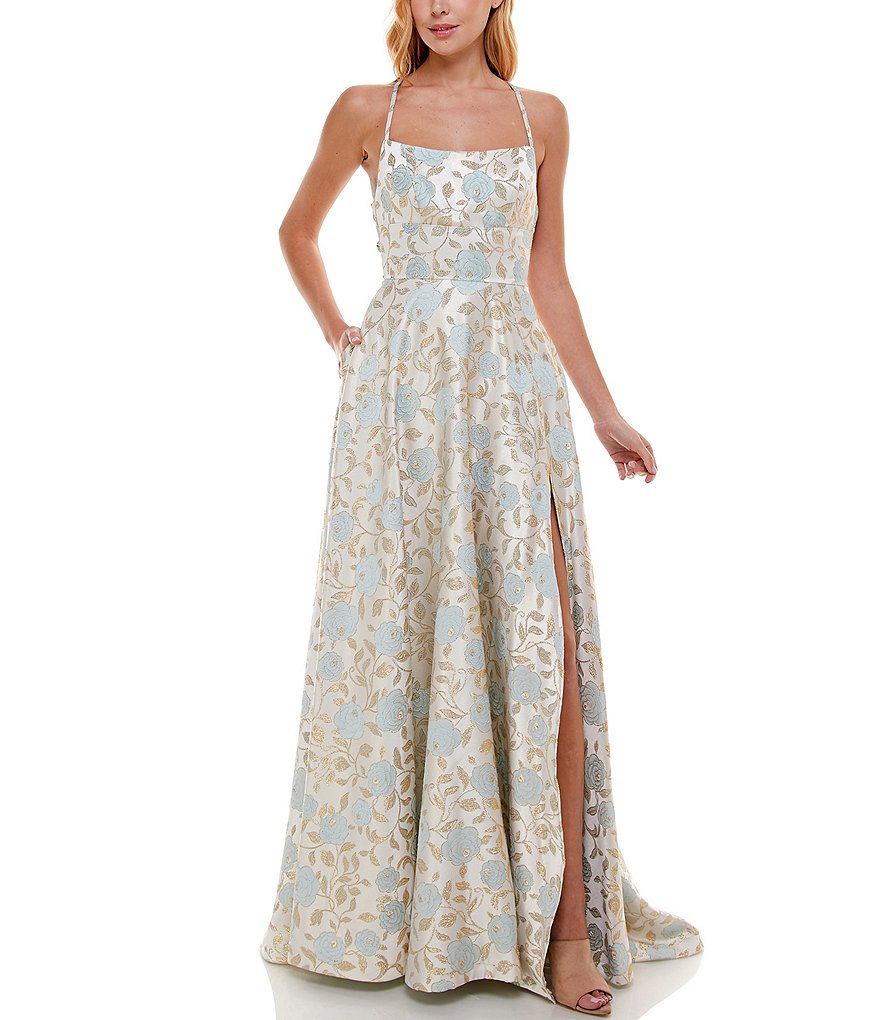 B. Darlin Spaghetti Strap Lace-Up-Back Floral Jacquard Ball Gown
