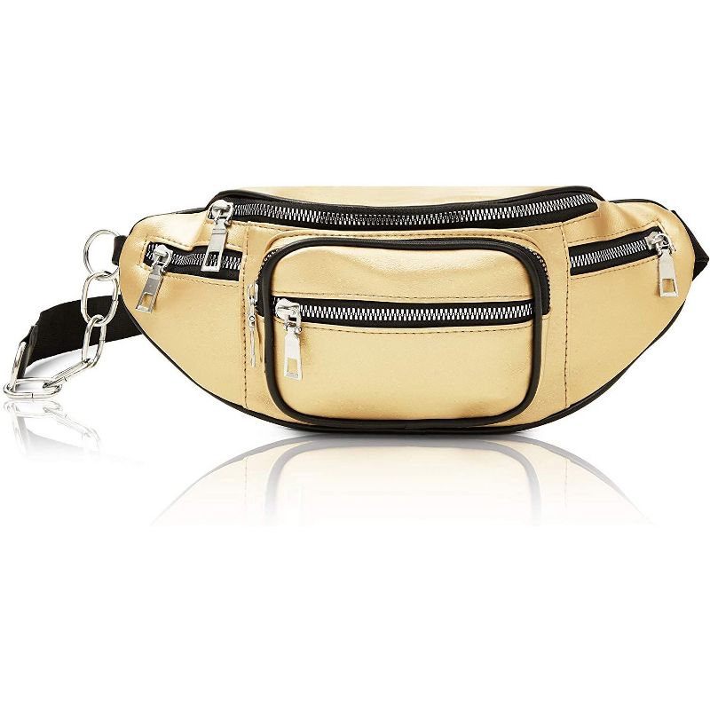 Gold Faux Leather Fanny Pack for Women, Traveling Belt Bag Pouch with Adjustable Waist Strap (33"-52")
