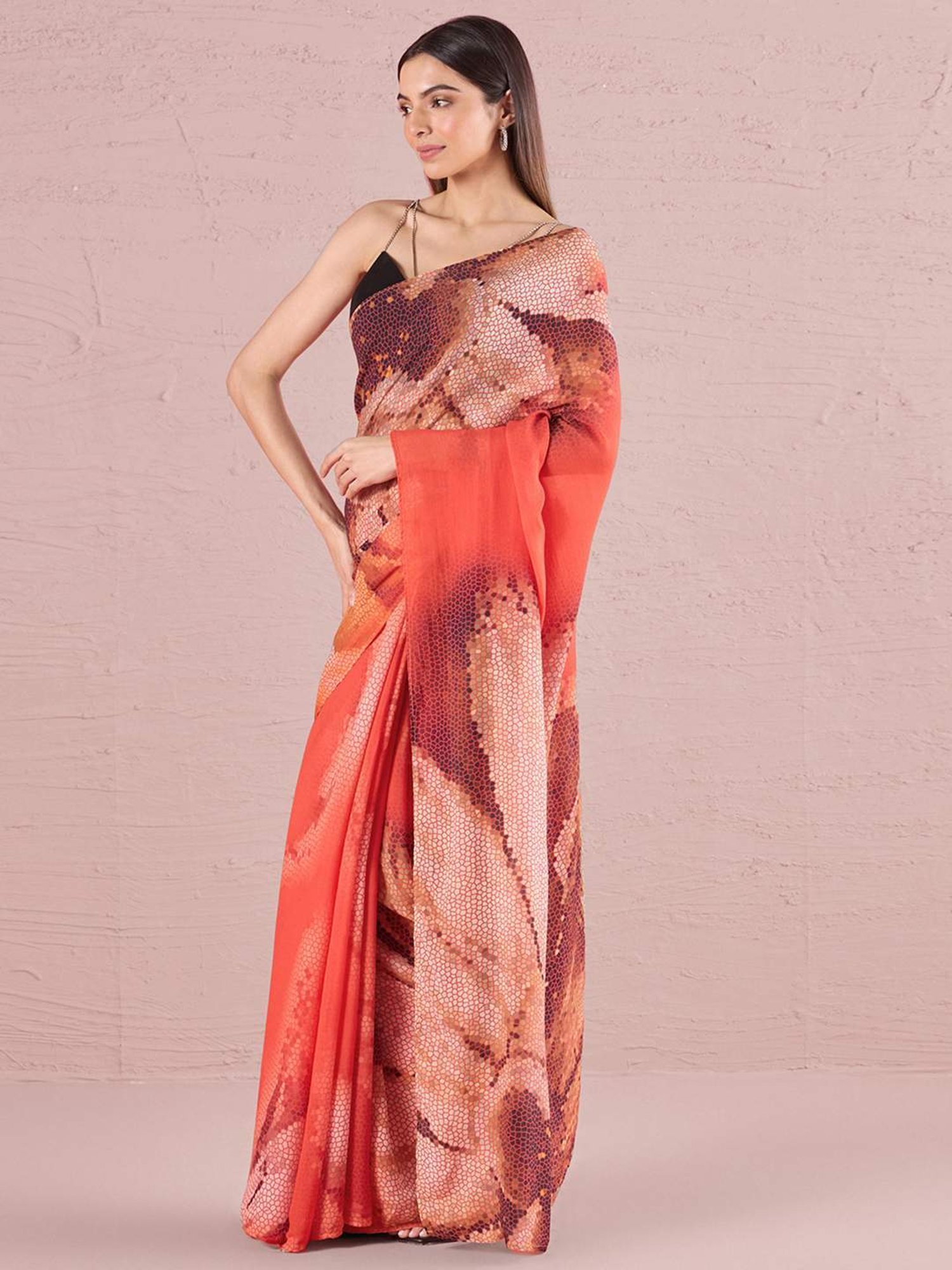 navyasa by liva Orange Printed Saree With Unstitched Blouse