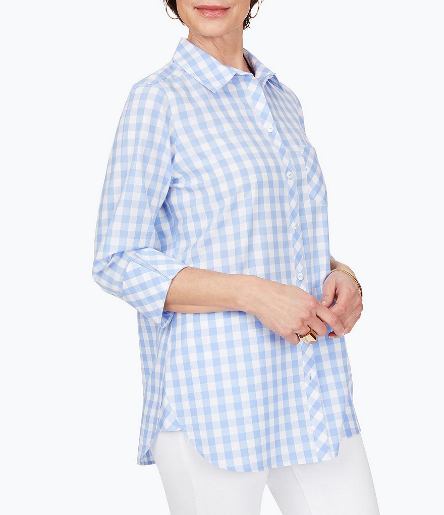 Foxcroft Germaine Gingham 3/4 Roll Tab Sleeve Button Front Blouse