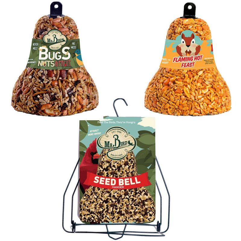 Home & Garden 7.5" Bell Starter Set W/ Hanger S/3 Seed Flaming Hot Bug Nut Fruit Mr Bird  -  Bird And Wildlife Food