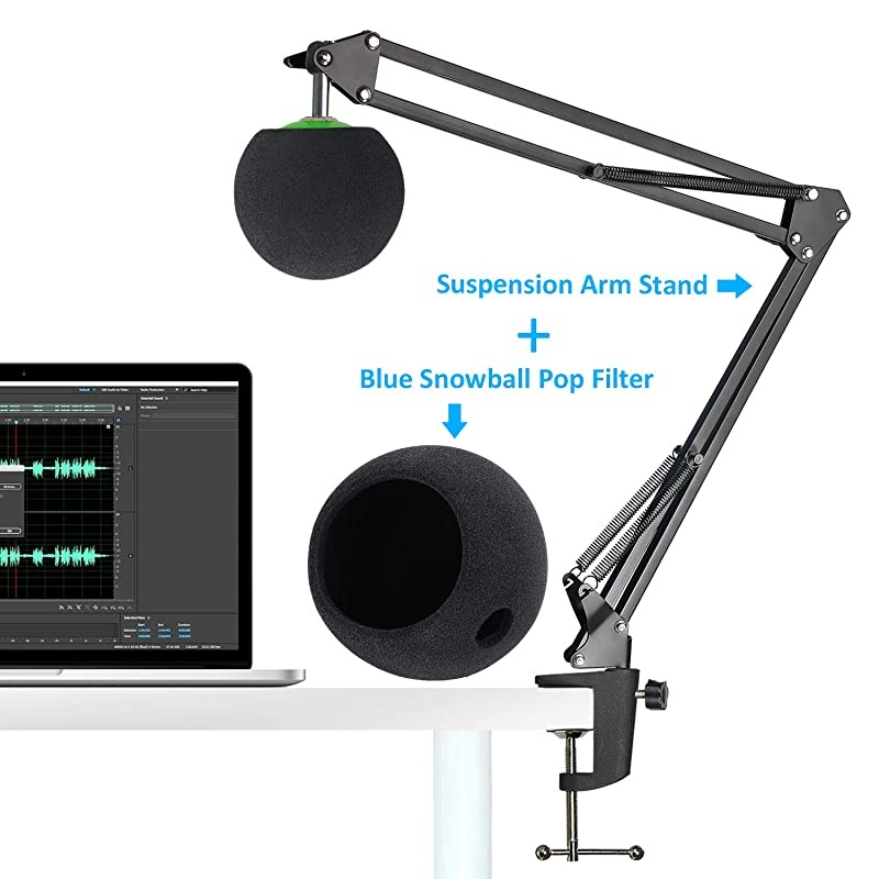 Blue Snowball Mic Boom Arm with Foam Windscreen Suspension Boom Scissor Arm Stand with Pop Filter Cover for Blue Snowball iCE Microphone by