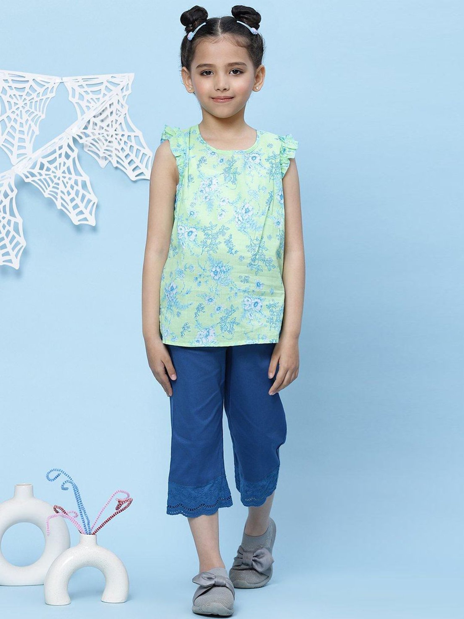 BIBA Girls Apple Green Cotton Floral Print Top