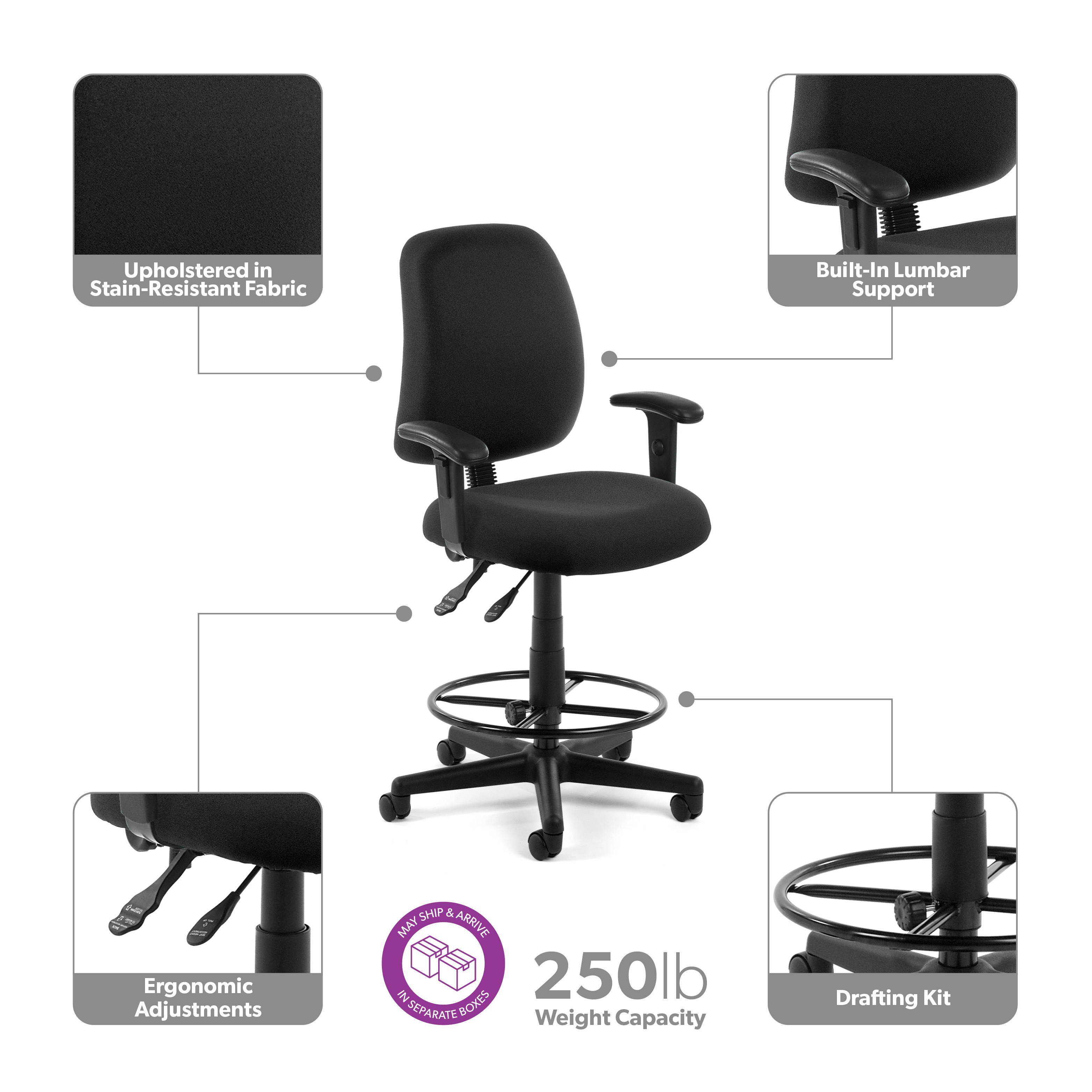 OFM Core Collection Posture Series Mid-Back Task Chair with Arms and Drafting Kit, in Black (118-2-AA-DK-805)