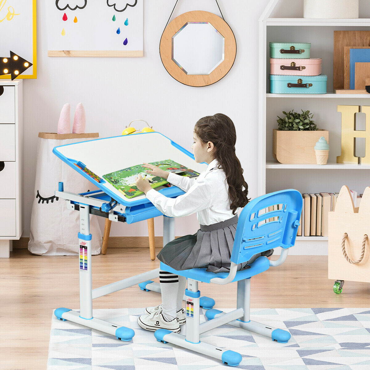 Height Adjustable Children&rsquo;s Desk Chair Set Multifunctional Study Drawing Blue