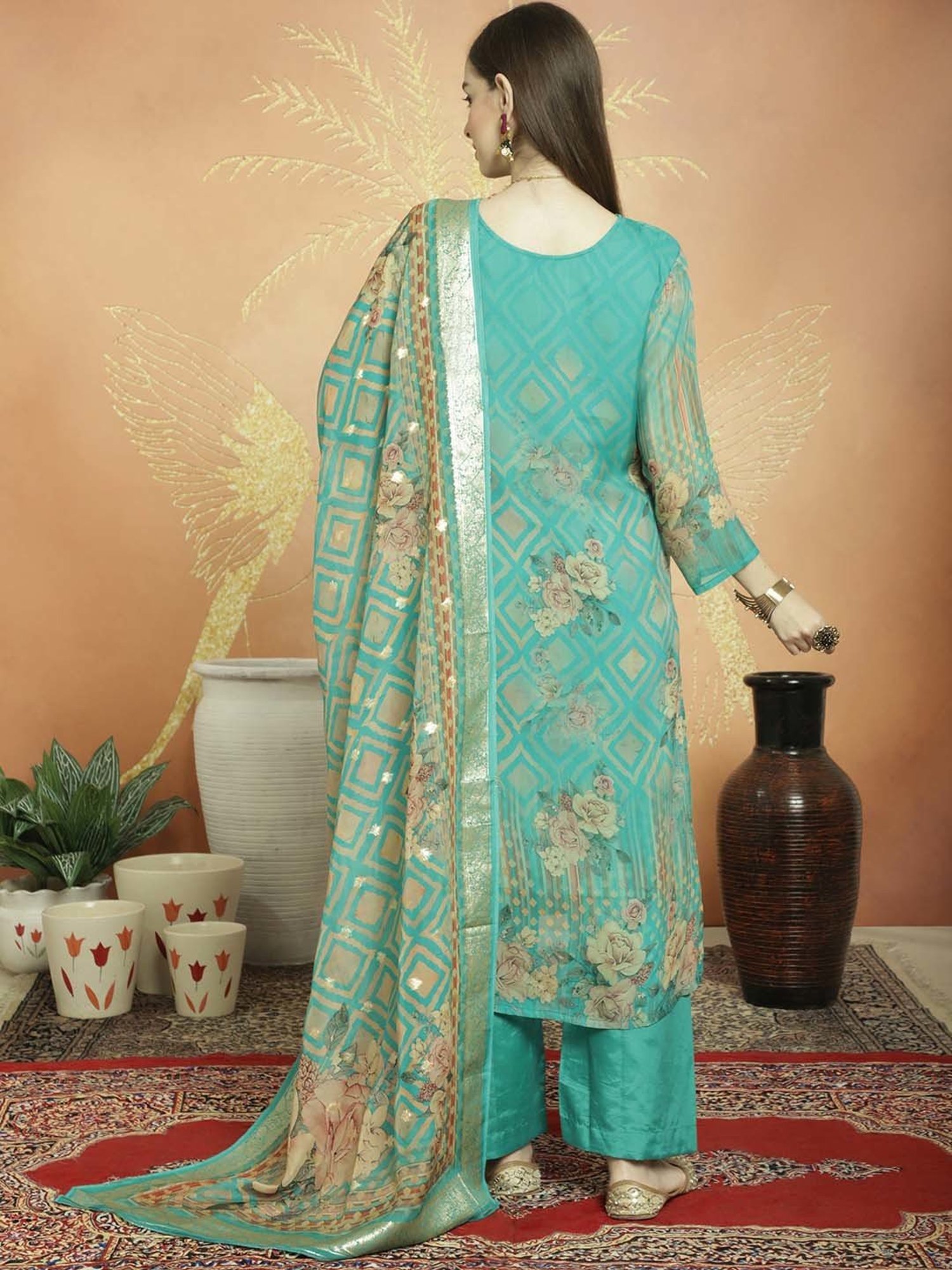 Stylee LIFESTYLE Turquoise Woven Unstitiched Dress Material