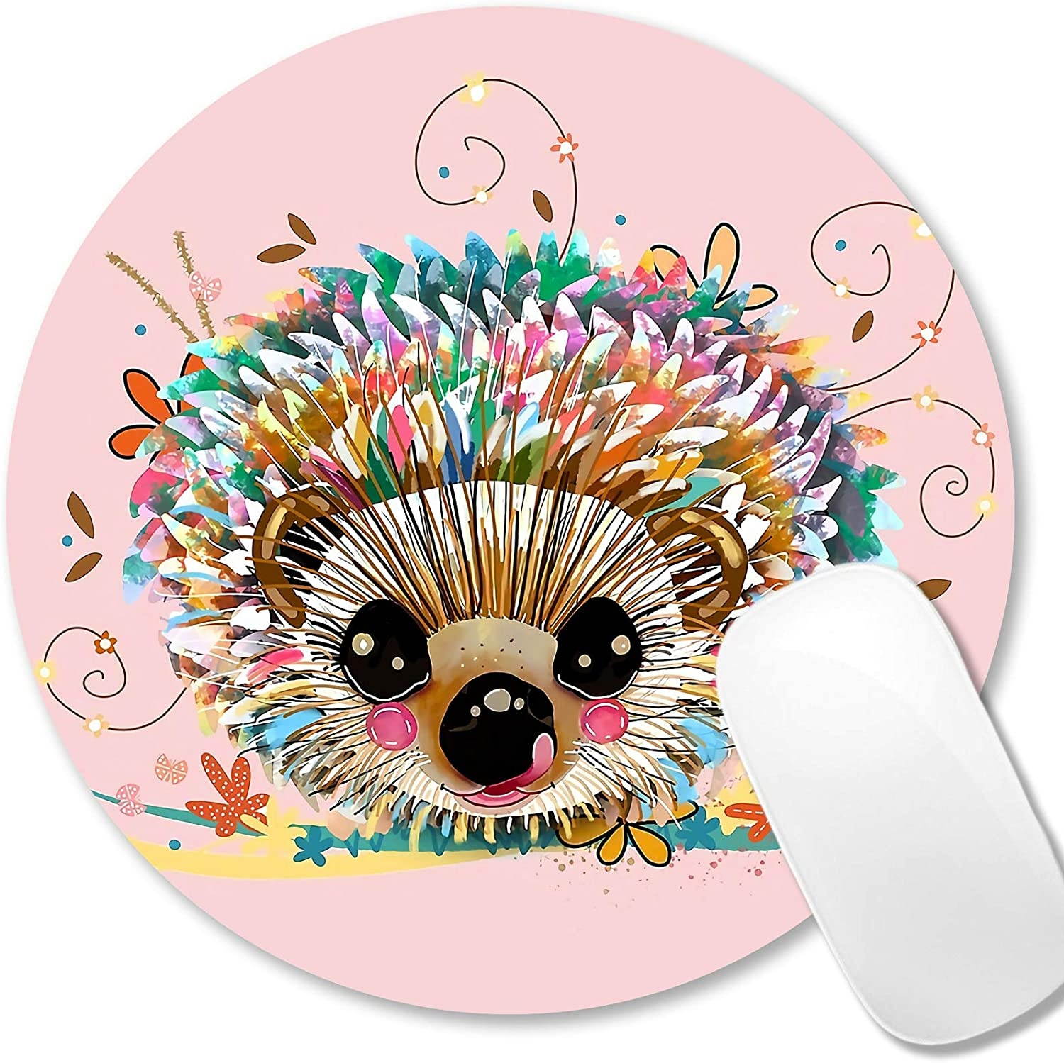 Pink Cute Hedgehog Round Mouse Pad Personalized Design Mouse Pads Small Size Non-Slip Rubber Base Mousepad for Laptop & Computer