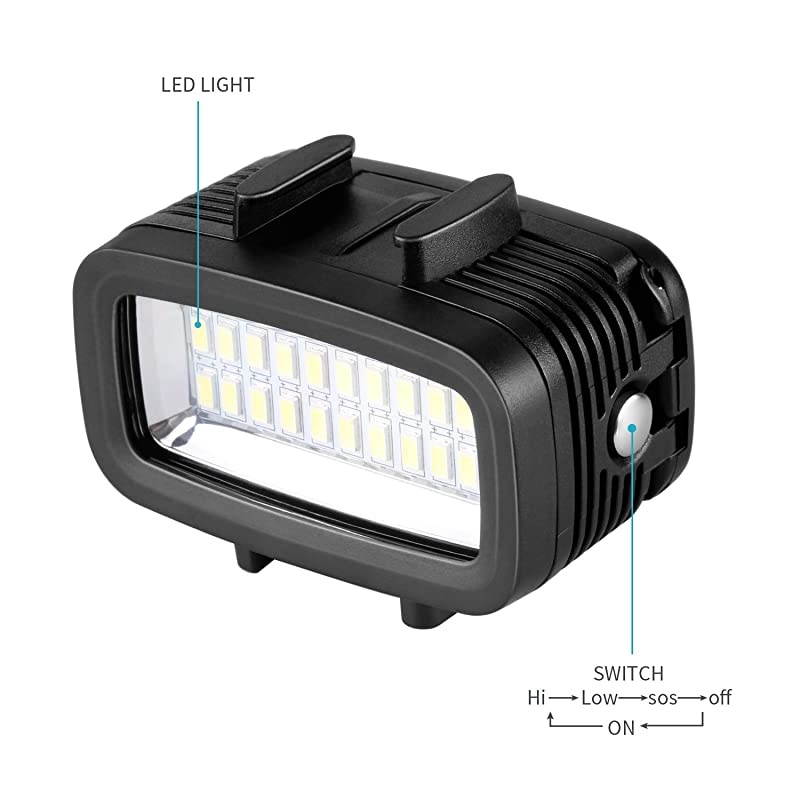 Waterproof Up to 131ft40m Underwater 20 LED 700LM Flash Dimmable Fill Night Light with 3 Color FilterWhite Orange Purple for GoPro Hero 7 6 5 4 3+ Action Camera and All DSLR Cameras