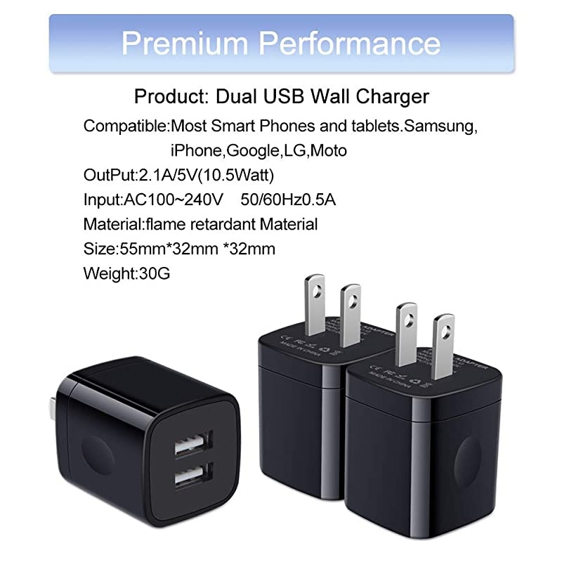 Wall Charger Box, 3Pack 2.1A Dual Charging Block Brick Power Adapter Cube for iPhone 12 Pro/Mini/Pro Max/SE/11/Xs Max/X, Samsung S21/S20 FE/Ultra 5G Note 21/20, LG, Google, Moto, Android Phone