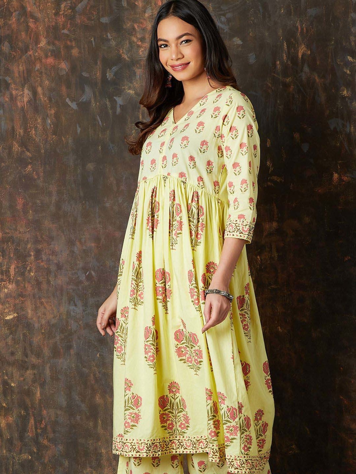 Melange by Lifestyle Yellow Cotton Printed Kurta Palazzo Set