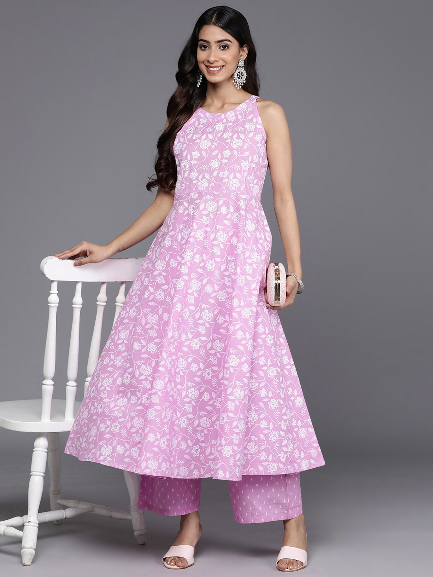 Varanga Purple Cotton Printed Kurta Palazzo Set