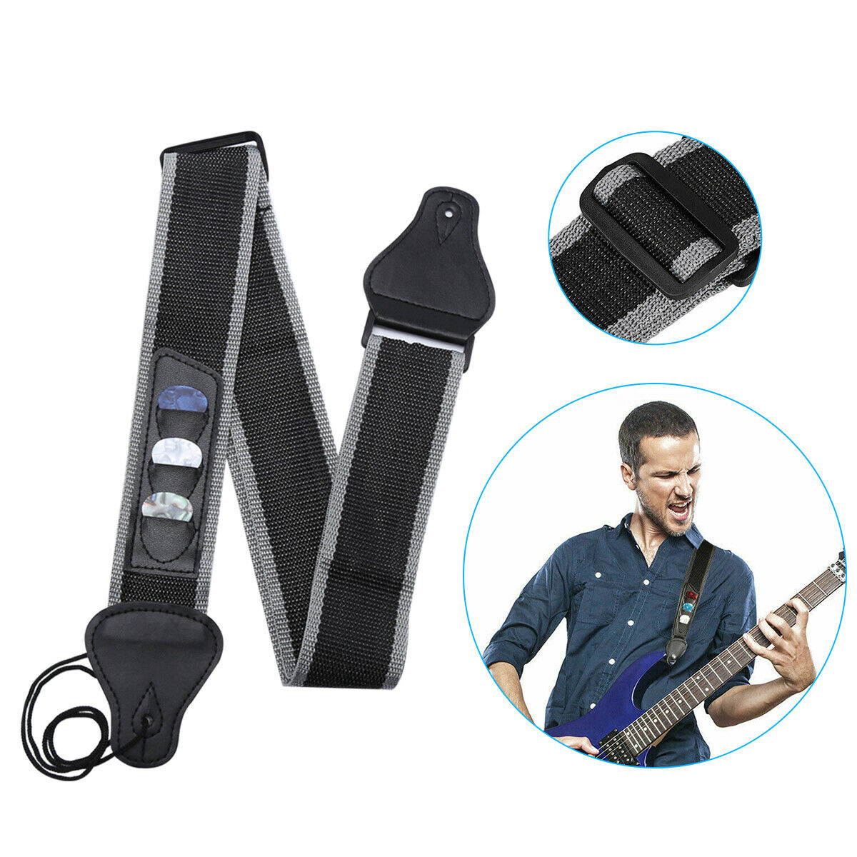 Guitar Strap Nylon Pick Holder with 3 Guitar Picks for Electric Acoustic Guitar