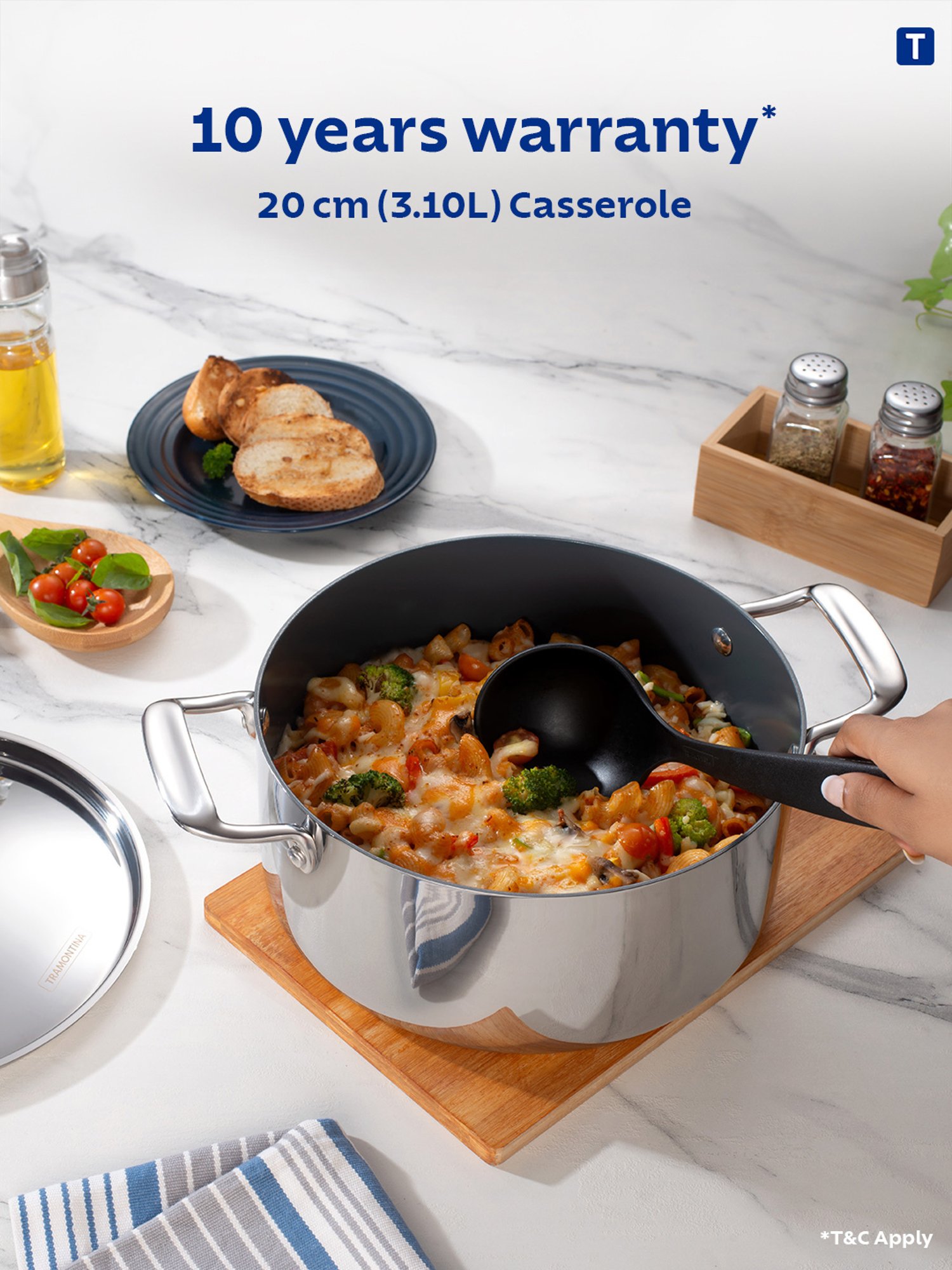 Tramontina Fusao Non-Toxic Triply Stainless Steel Ceramic Casserole & Lid 20cm/3.1L Induction Base