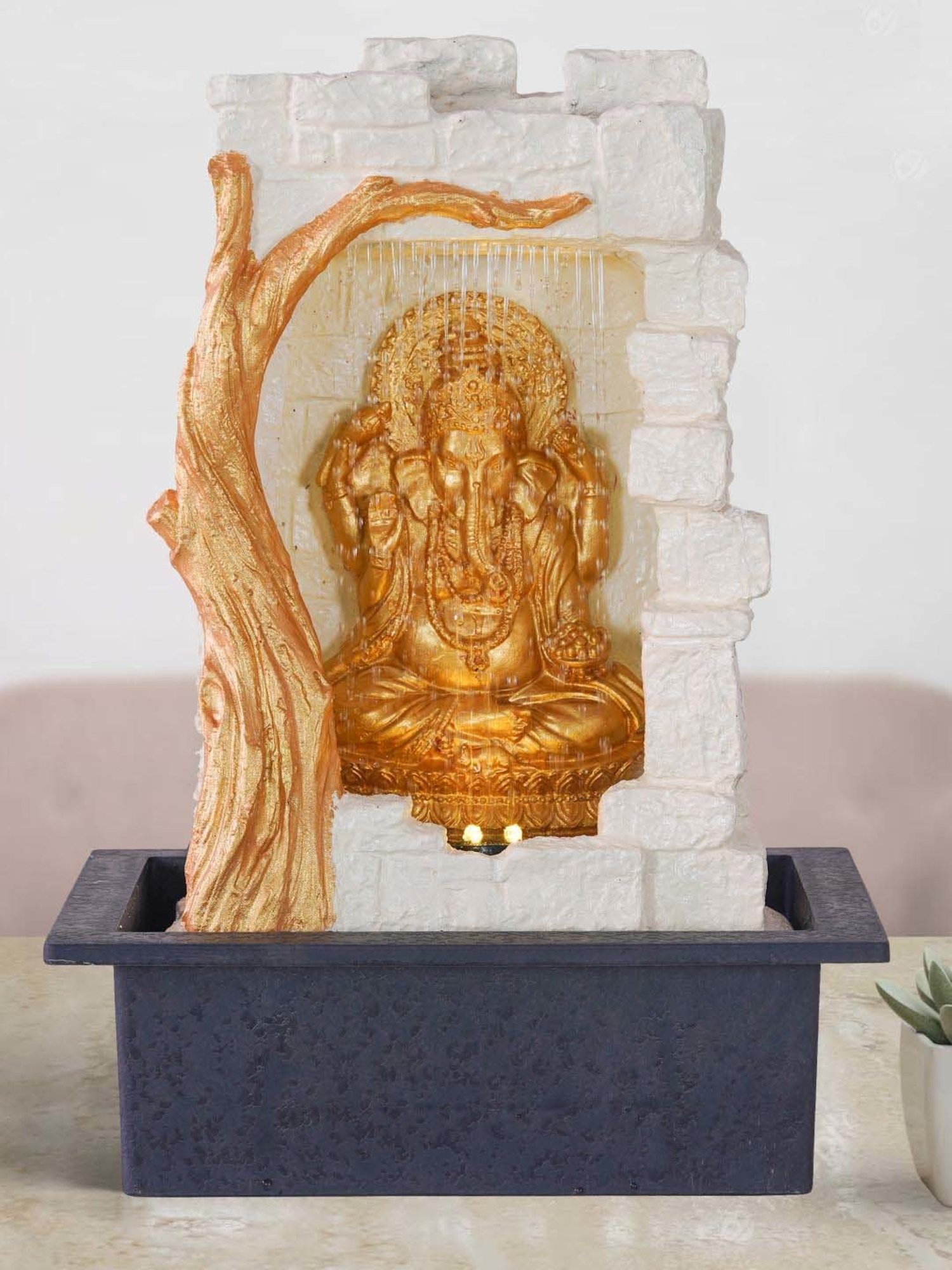 CHRONIKLE White & Gold Polyresin Ganesha Idol Front Curtain Waterfall Fountain