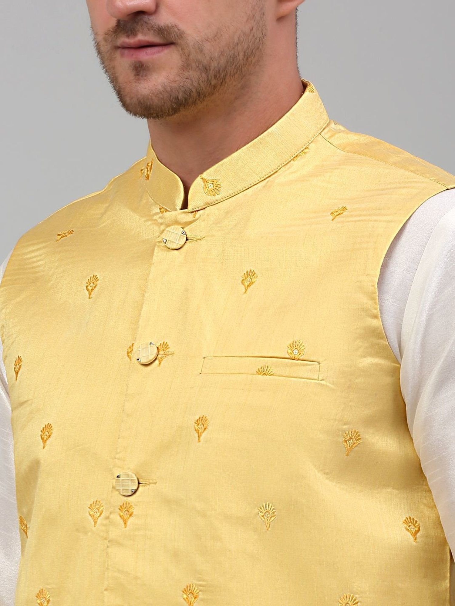 Jompers Yellow Regular Fit Embroidered Nehru Jacket