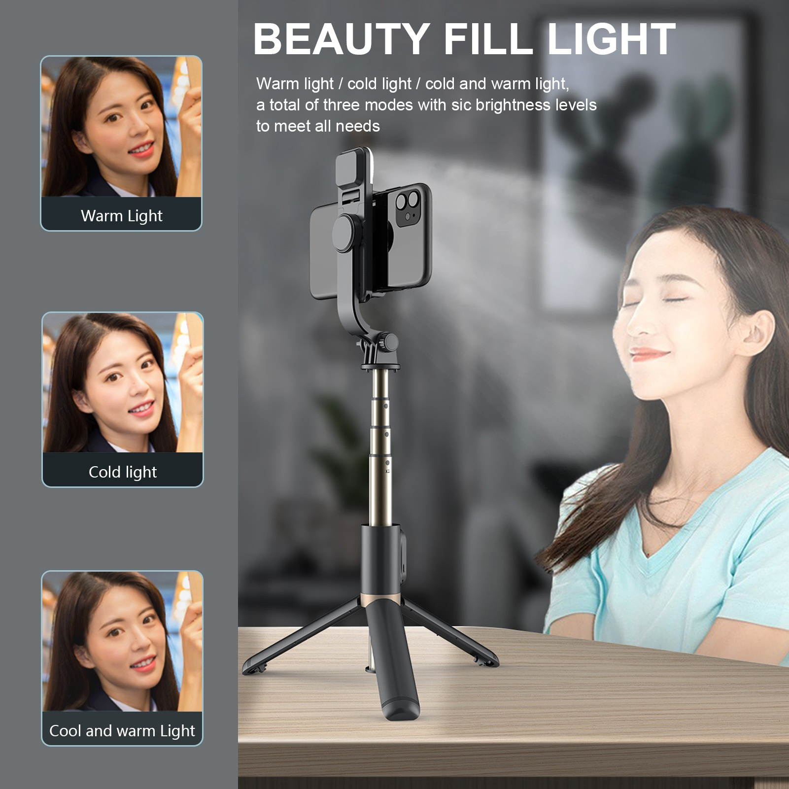 Aluminum Alloy Wireless BT Remote Control Selfie Stick Multifunctional Portable Tripod Stand with Fill Light for Selfie Group Photo Live Stream Video Taking