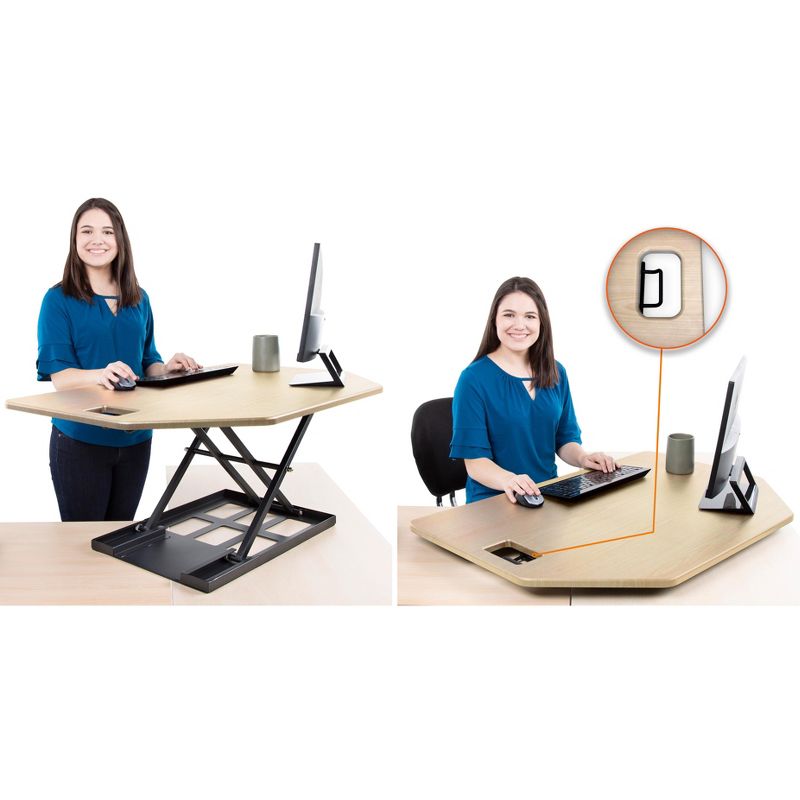 X-Elite Premier Corner Standing Desk Converter with Pneumatic Height Adjustment - Maple - Stand Steady
