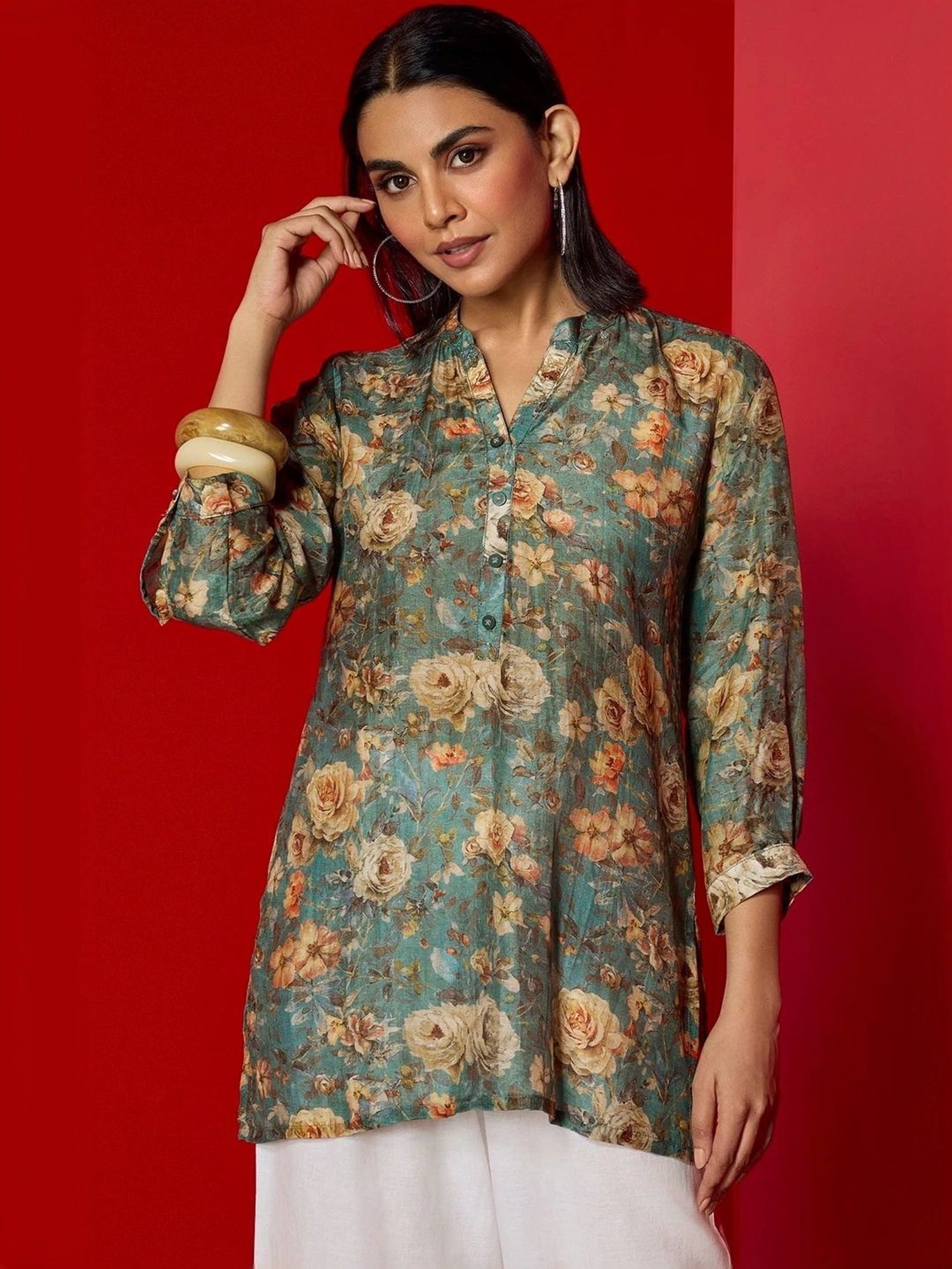 Soch Womens Turquoise Blue Floral Print Mandarin Collar Vicose Muslin Tunic