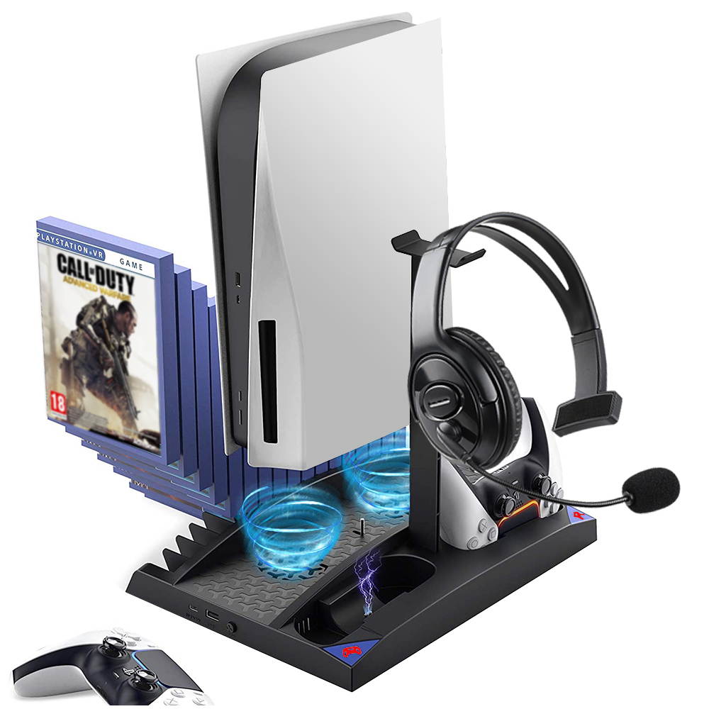 PS5 Cooling Stand with Headset Holder & Cooling Fan Base, Multifunctional Vertical Stand with 2 Controller Charging Station & LED Indicator & 17 Game Disc Slots for PS5 Console Digital Edition/UltraHD