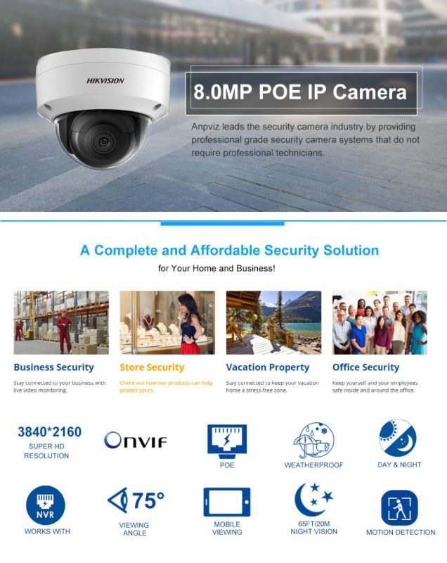 Hikvision New Original English version Dome IP POE DS-2CD2185FWD-IS 8MP Outdoor H.265 Updatable CCTV Camera With Audio and Alarm Interface security Camera, (8MP, 2.8 Fixed Lens, 2Pcs)