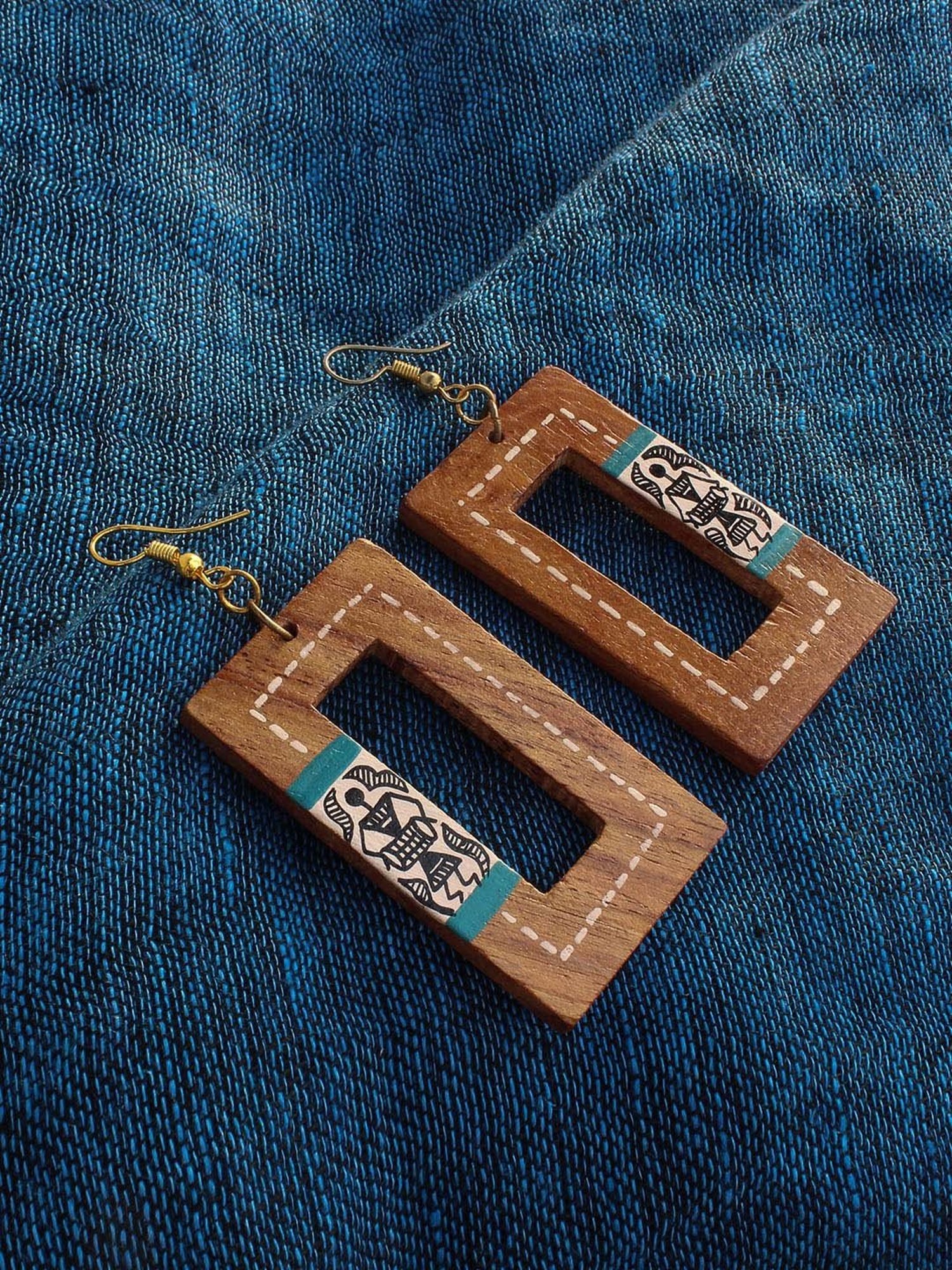 ExclusiveLane Tribal Warli Brown & White Dangler Earrings (Warli Art in Sheesham Wood)