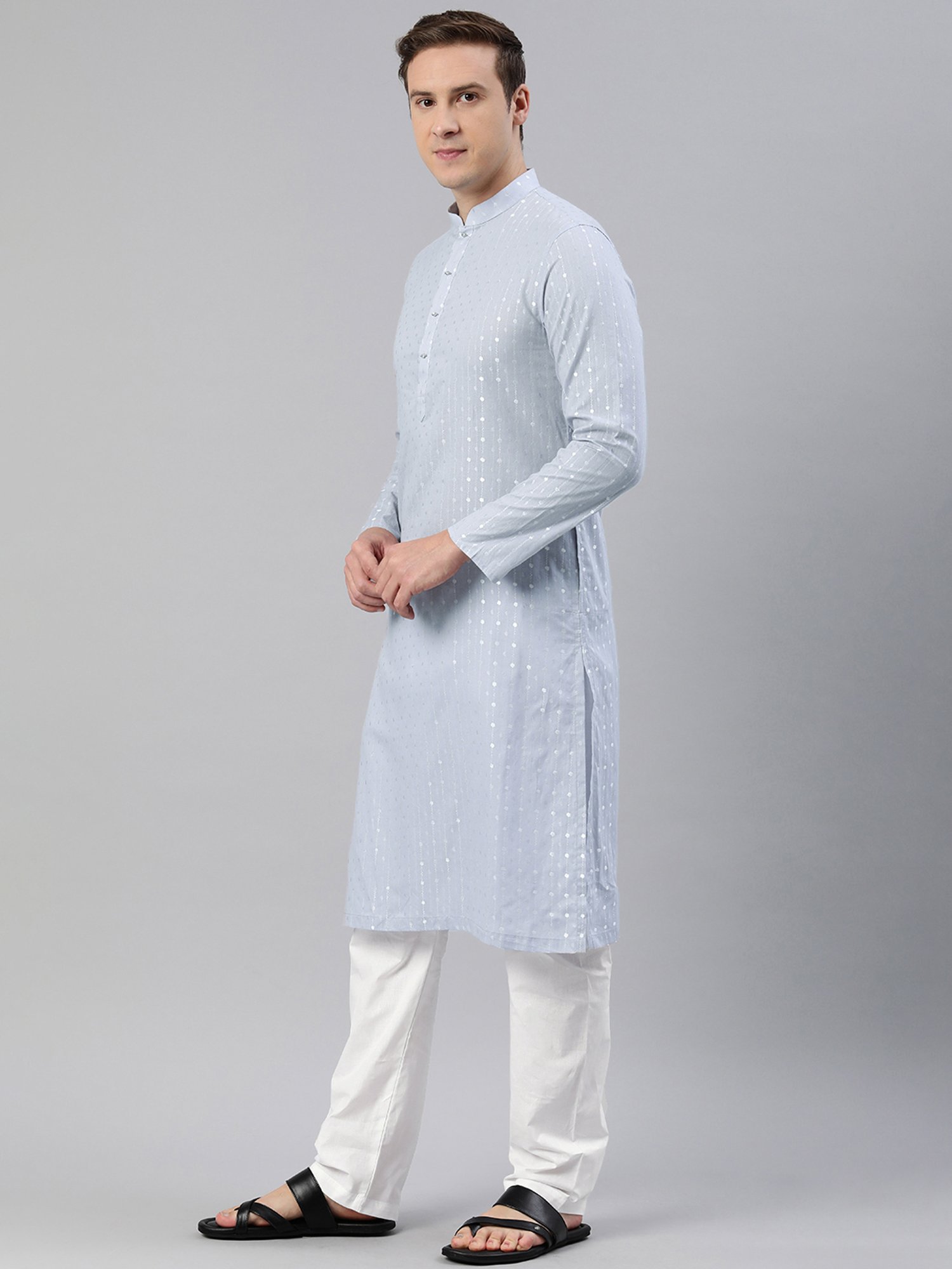 Manthan Slate Grey & White Regular Fit Self Design Kurta & Pyjamas Set