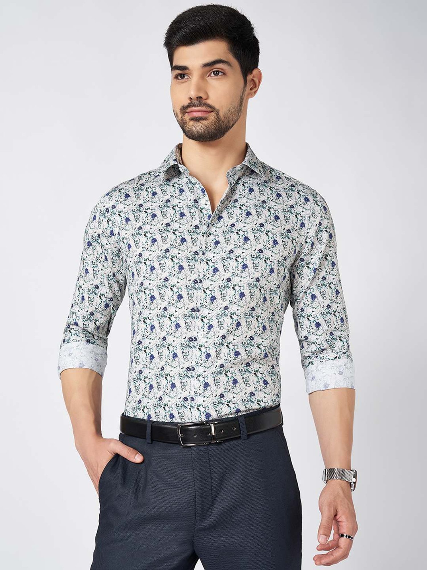Peregrine By Pantaloons White Cotton Slim Fit Printed Shirt
