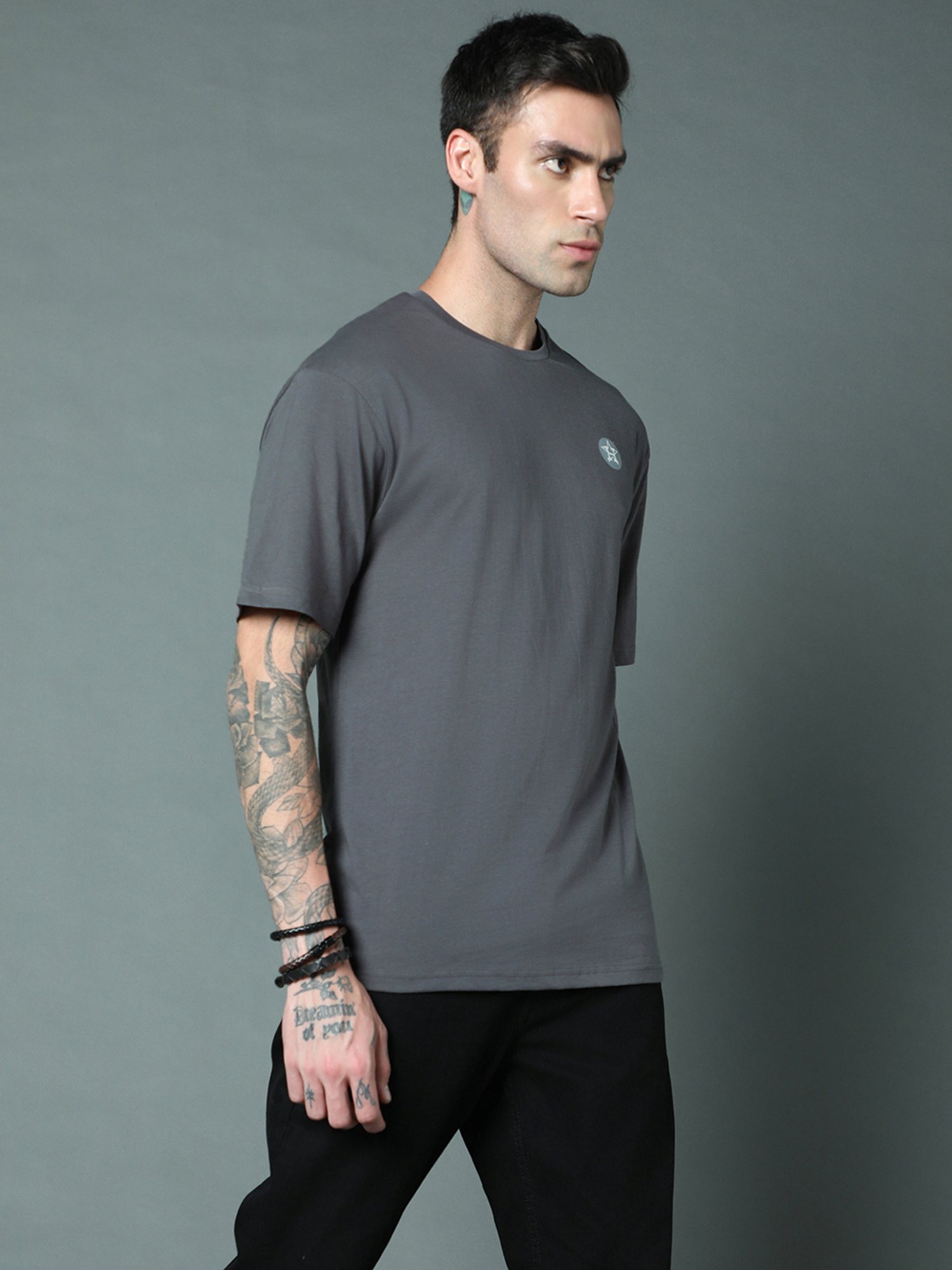 High Star Dark Grey Relaxed Fit Printed Crew T-Shirt