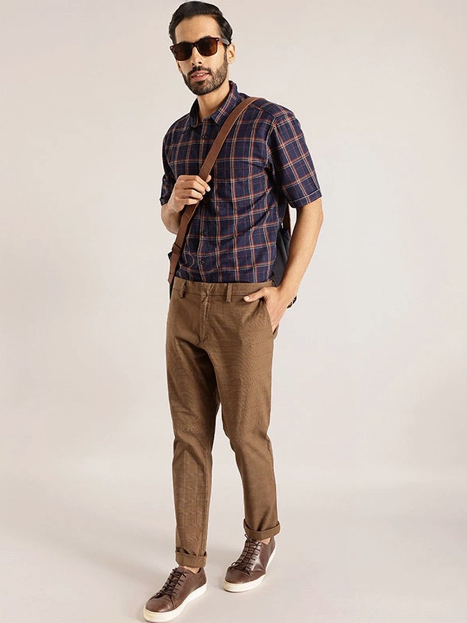 Indian Terrain Dark Khaki Tapered Fit Checks Chinos