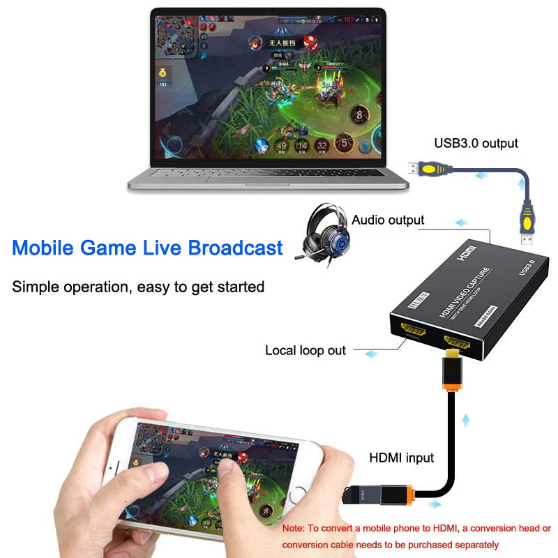 4K HDMI Video Capture Card USB3.0 1080p 60Hz Capture Card Screen Dongle Game Streaming Live Broadcasts Video Recording With Video HDMI Loop Out Audio Microphone Input For Linux Mac OS Windows PS4
