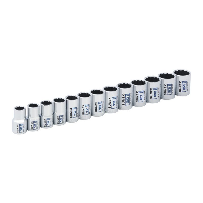 Sunex 28102C 13 Pc 1/2 in. Drive Standard Socket Set - MM 12 Pt Rail