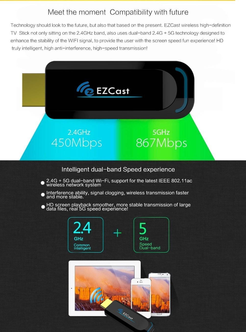 EZCast 5G TV Dongle 1080p Miracast DLNA Airplay WiFi High Speed Wireless HDMI Display Receiver Supports 5G WiFi Compatible with iOS Android Windows Device
