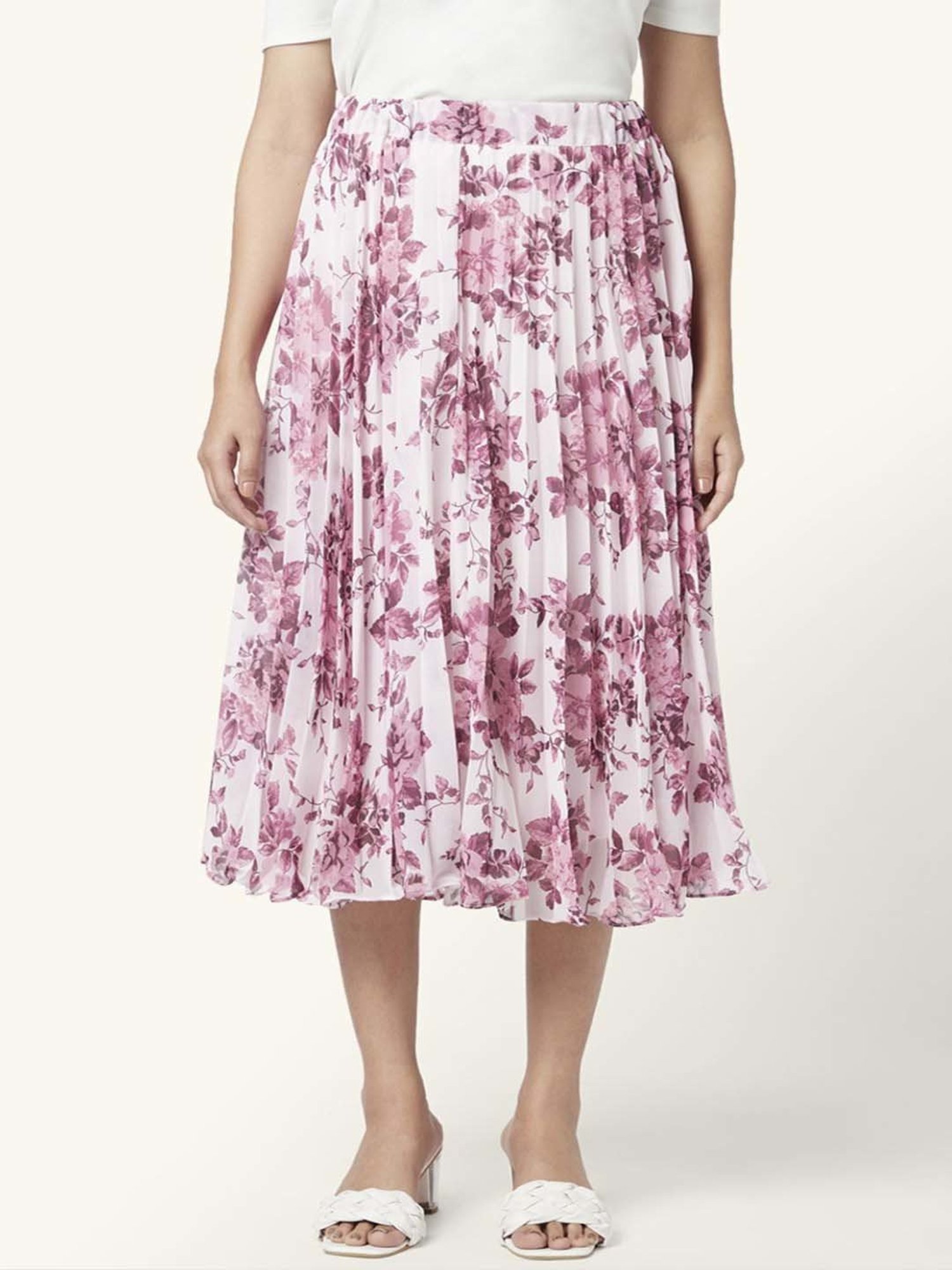 Honey by Pantaloons Off-White & Purple Floral Print A-Line Skirt
