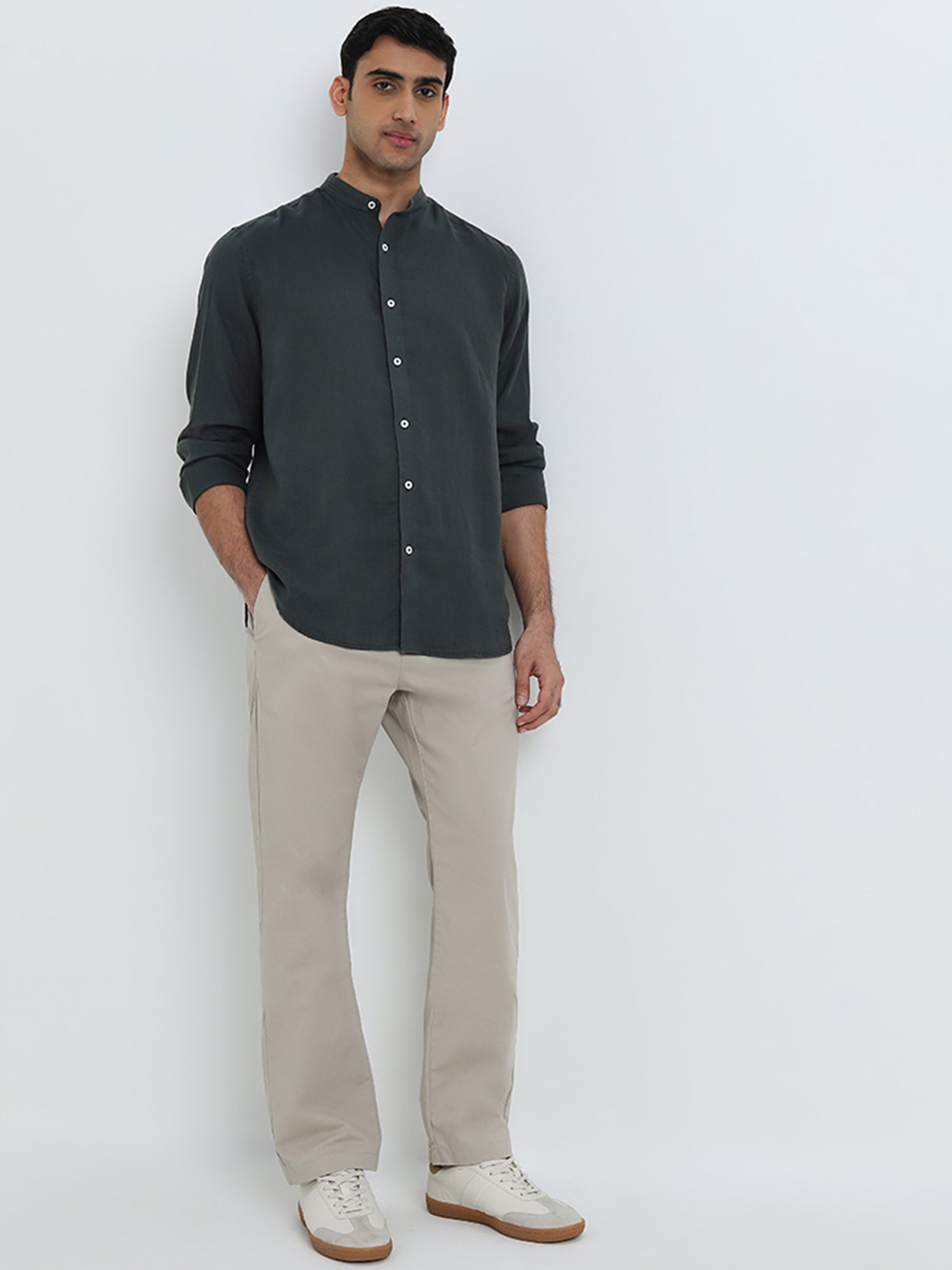 Slowave Beige Regular Fit Flat Front Trousers