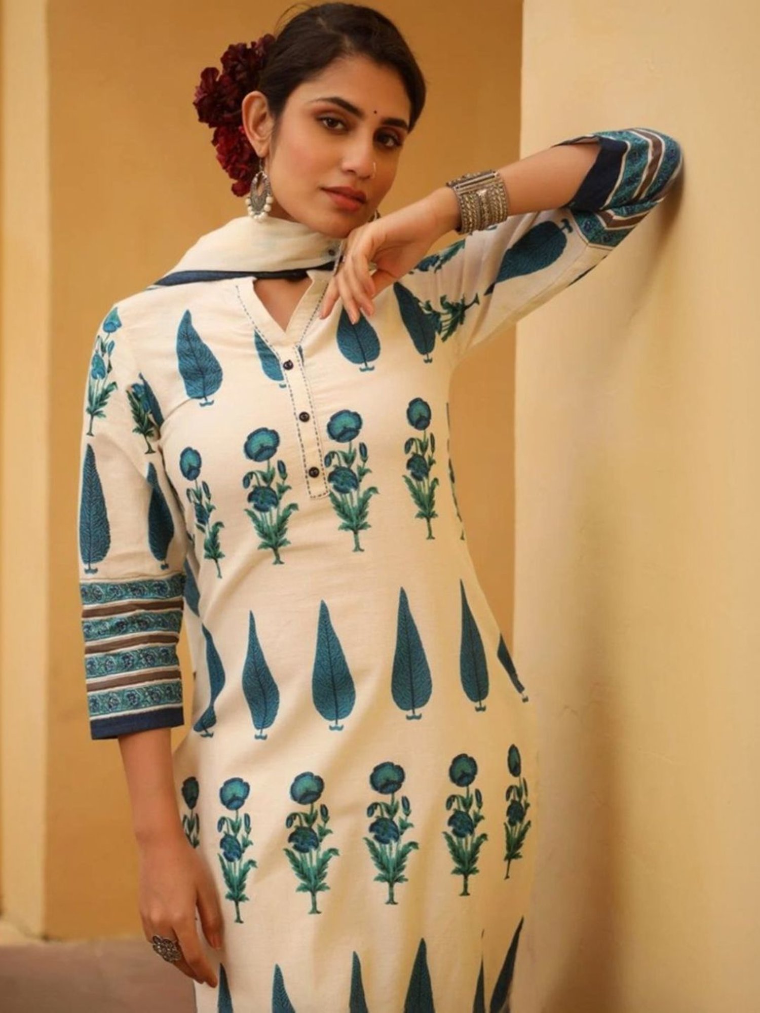 Autumnlane Blue Suman Indigo Print Cotton Kurta with Pant and Dupatta