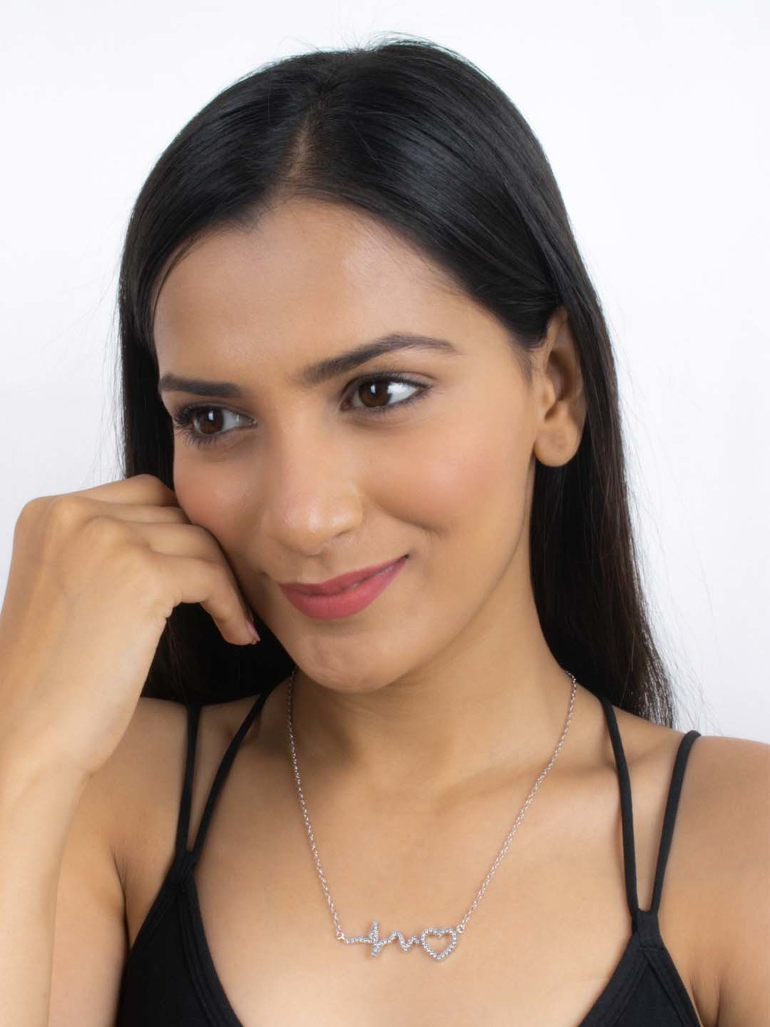 925 Silver American Diamond Heart Beat Necklace with 18-inch Chain for Women & Girls