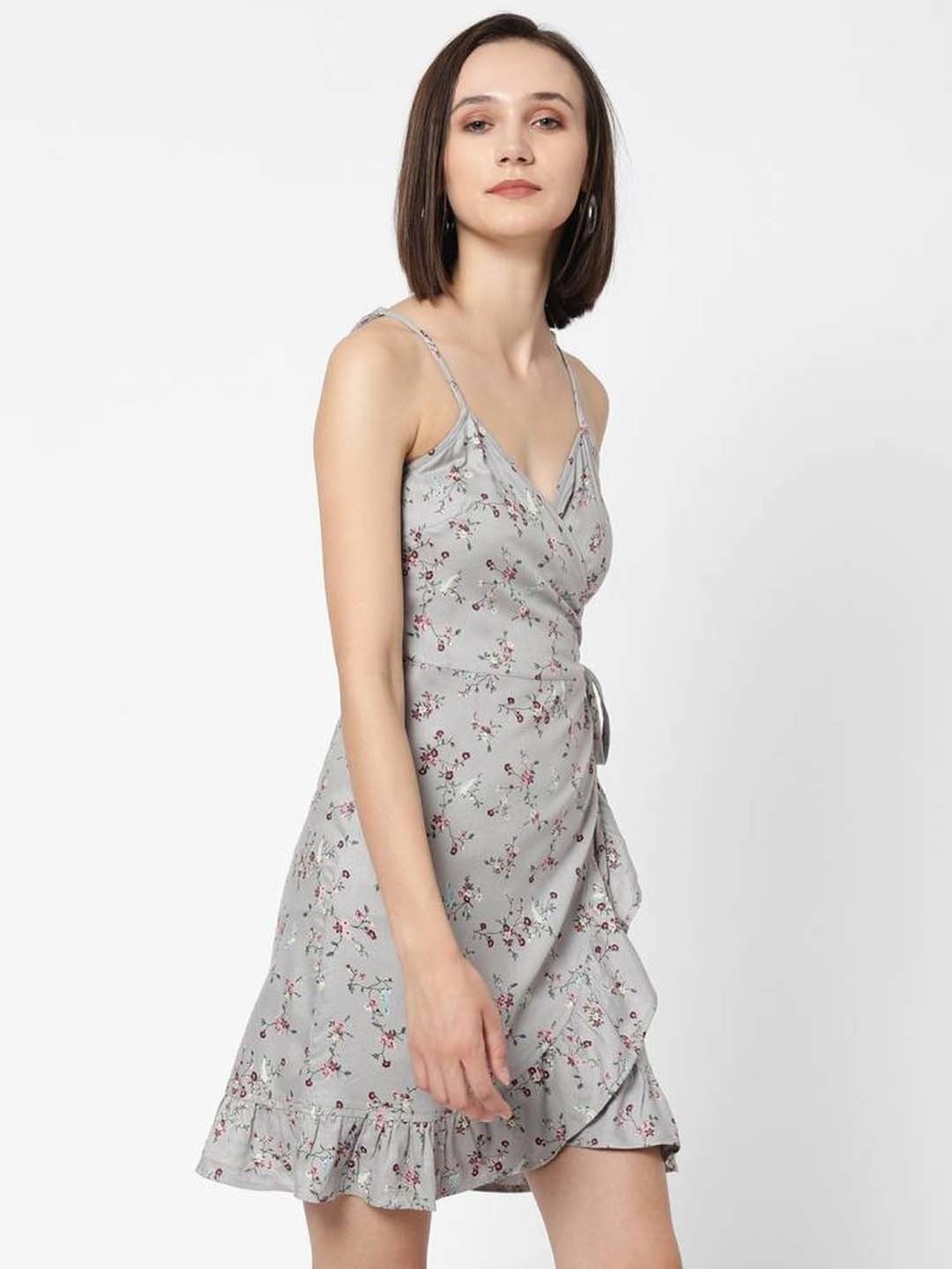 VASTRADO Grey Floral Print A-Line Wrap Dress
