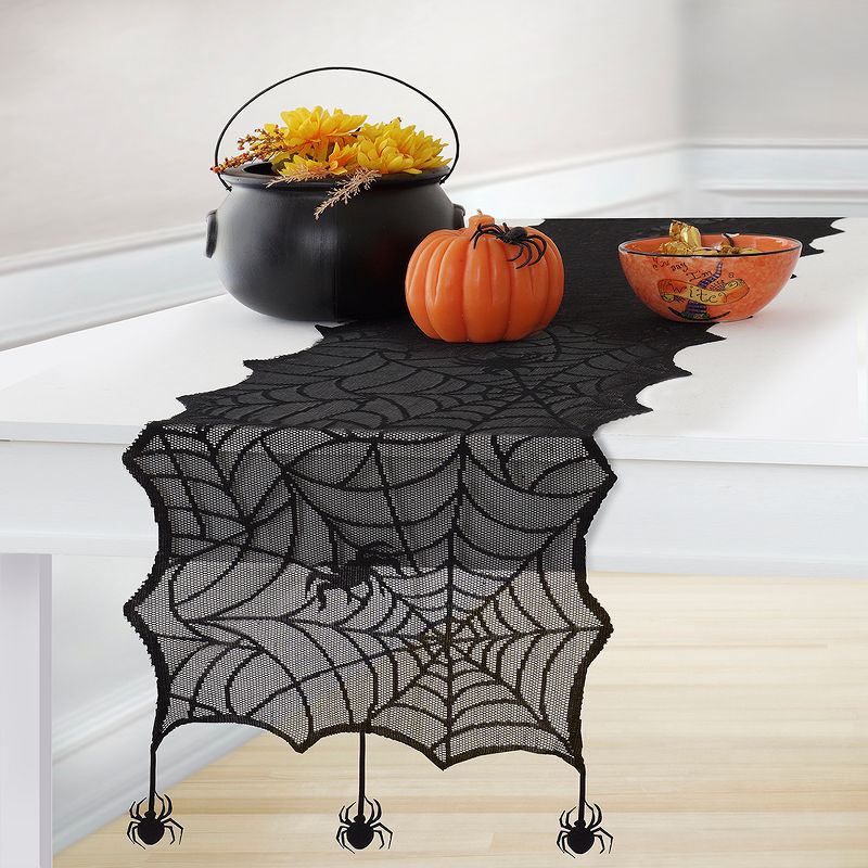 Crawling Halloween Spider Lace Table Runner - 13" x 70" - Black - Elrene Home Fashions