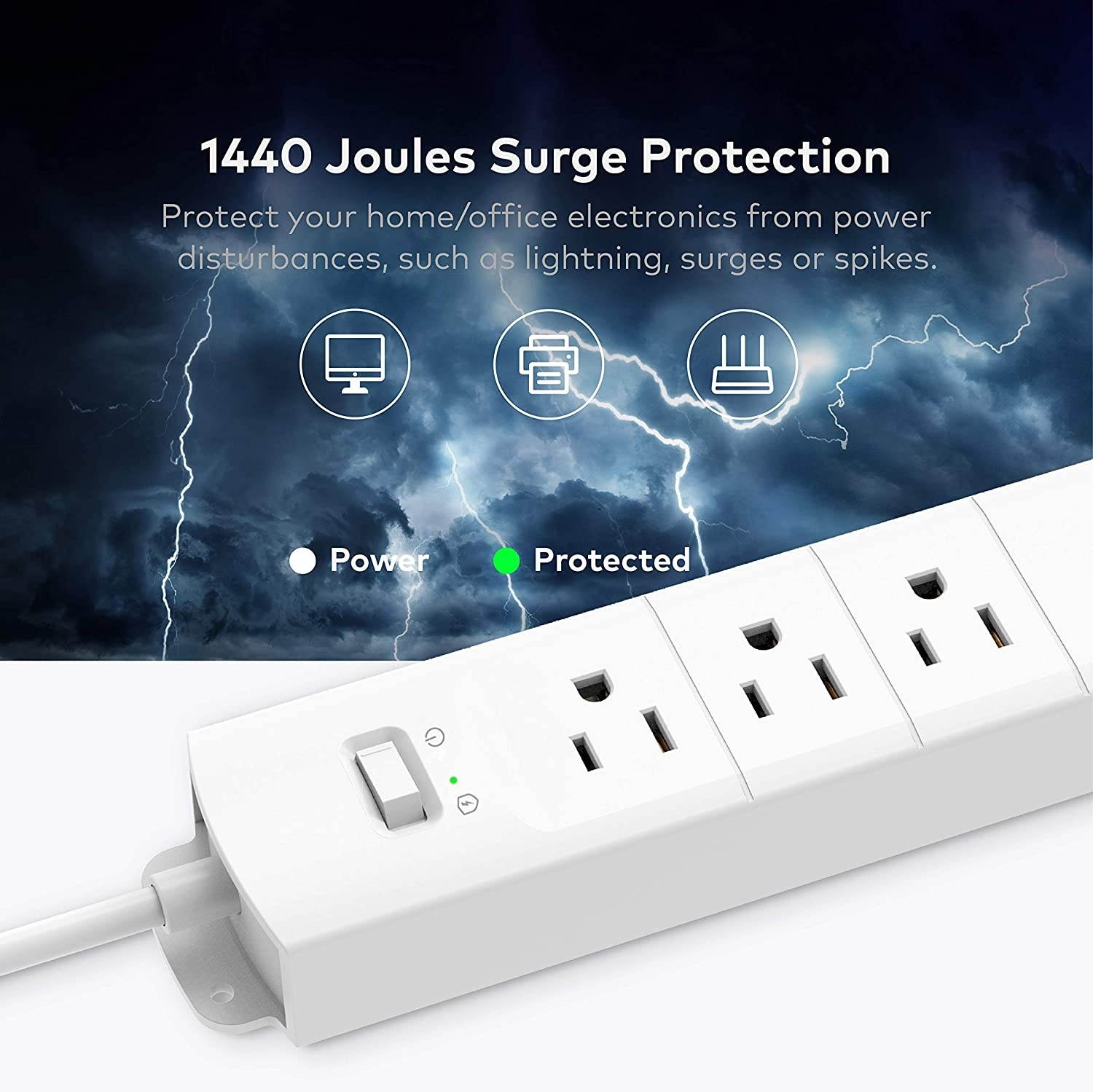 6Outlet + 2 USB 1050 Joule Surge Protector Power Strip with 25Ft Long Extension Cord White UL Listed